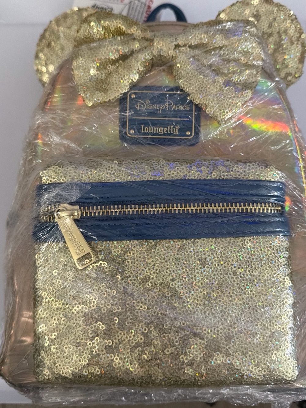 Loungefly Gold Sequin Mini Backpack with Navy Trim